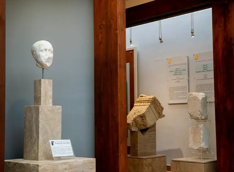 Testa funeraria maschile in marmo bianco e cippo frammentario in travertino con iscrizione dedicatoria ad Ercole.